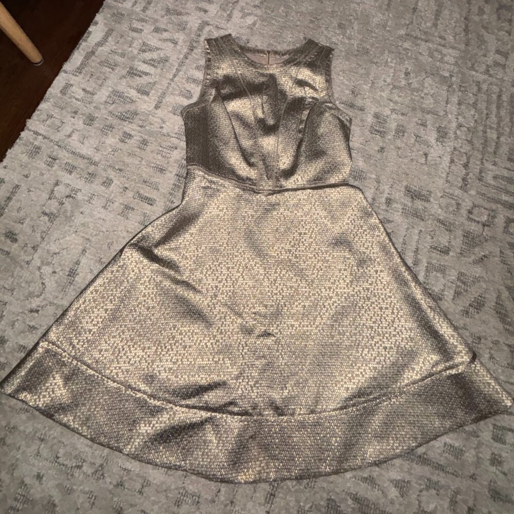 Vince Camuto Gold Shimmer Dress, Knee Length with Sheer Trim Details, Size 6